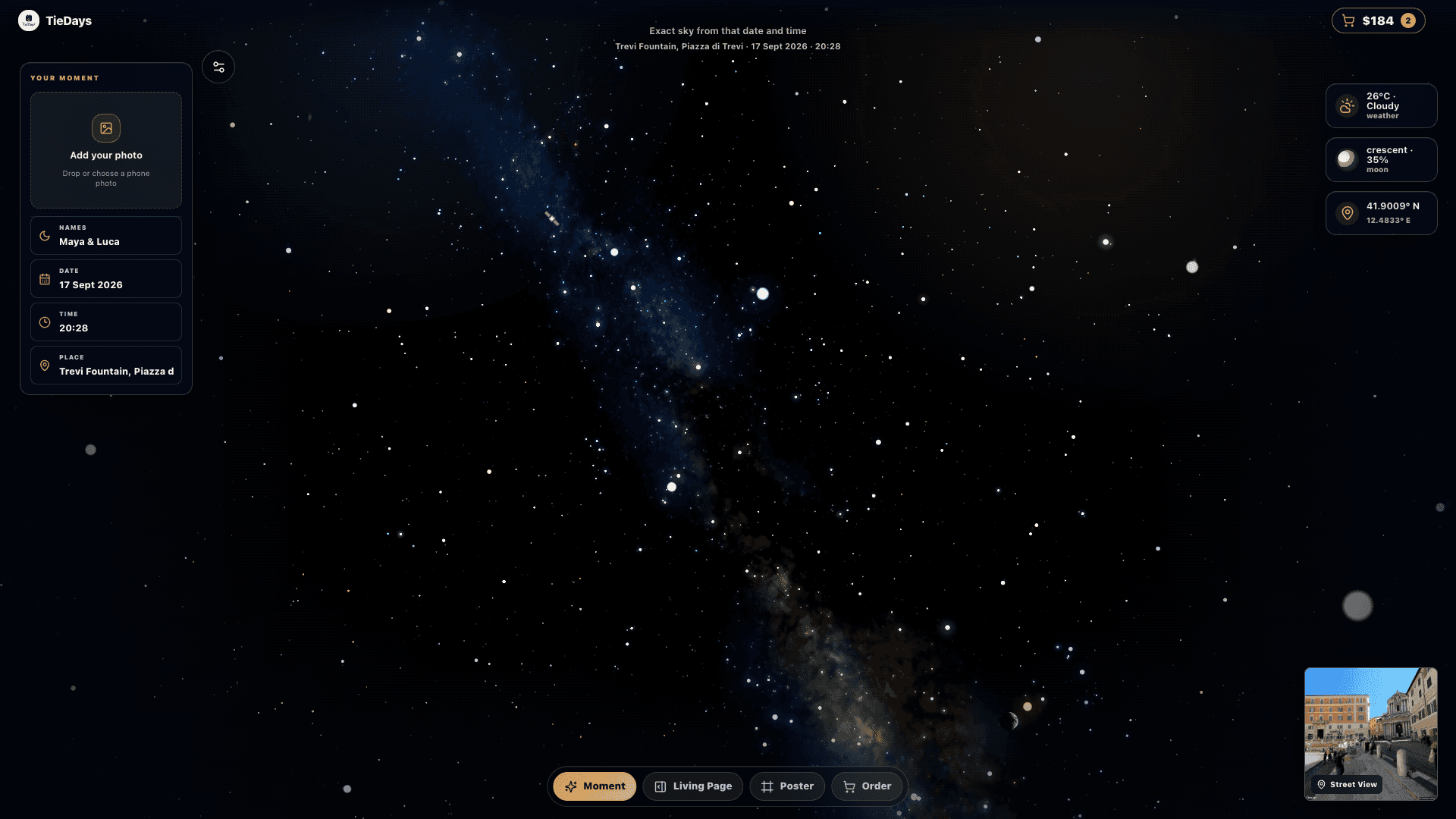The TieDays creator showing a real sky, place, weather, and Street View preview